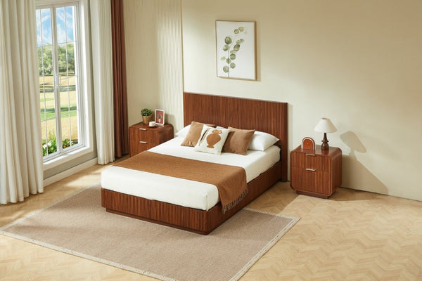 English Elm Modern Fluted Two Drawer Nightstand with Gold Pulls and Sculptural Curved Edges Walnut W5767P502995