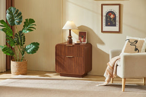 English Elm Modern Fluted Two Drawer Nightstand with Gold Pulls and Sculptural Curved Edges Walnut W5767P502995