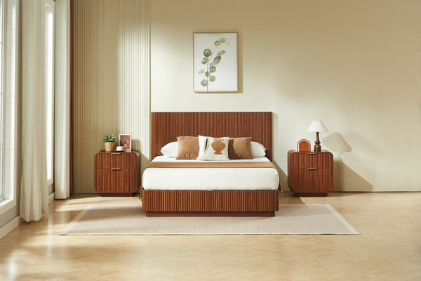 English Elm Modern Fluted Two Drawer Nightstand with Gold Pulls and Sculptural Curved Edges Walnut W5767P502995