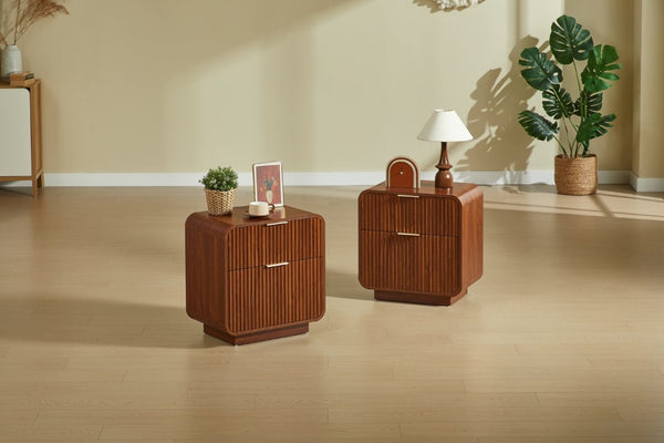 English Elm Modern Fluted Two Drawer Nightstand with Gold Pulls and Sculptural Curved Edges Walnut W5767P502995