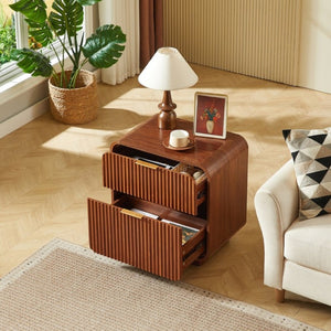 English Elm Modern Fluted Two Drawer Nightstand with Gold Pulls and Sculptural Curved Edges Walnut W5767P502995