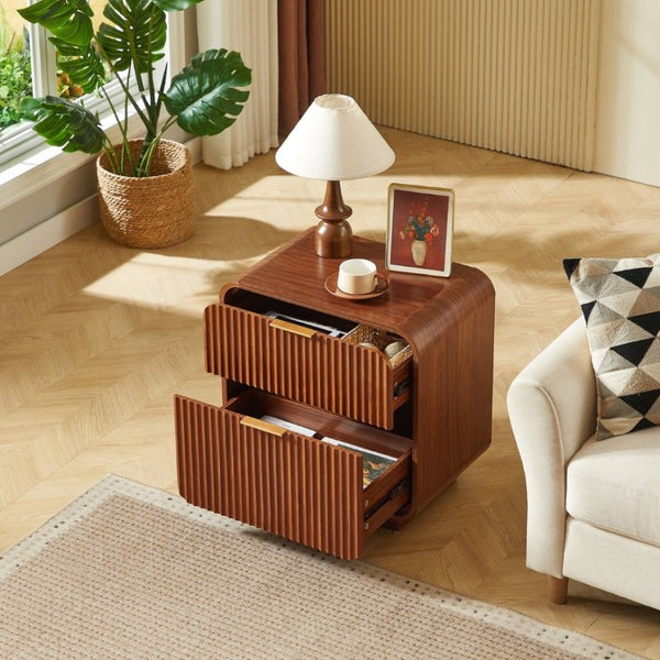 English Elm Modern Fluted Two Drawer Nightstand with Gold Pulls and Sculptural Curved Edges Walnut W5767P502995