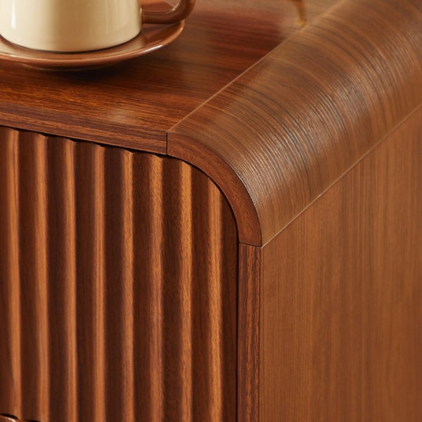 English Elm Modern Fluted Two Drawer Nightstand with Gold Pulls and Sculptural Curved Edges Walnut W5767P502995