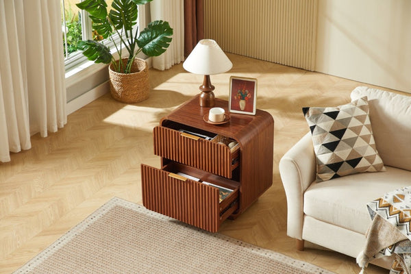 English Elm Modern Fluted Two Drawer Nightstand with Gold Pulls and Sculptural Curved Edges Walnut W5767P502995