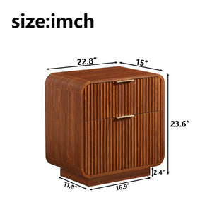 English Elm Modern Fluted Two Drawer Nightstand with Gold Pulls and Sculptural Curved Edges Walnut W5767P502995