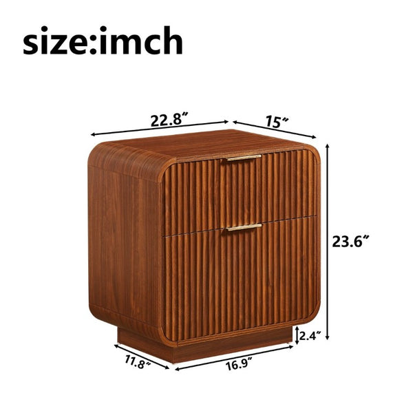 English Elm Modern Fluted Two Drawer Nightstand with Gold Pulls and Sculptural Curved Edges Walnut W5767P502995