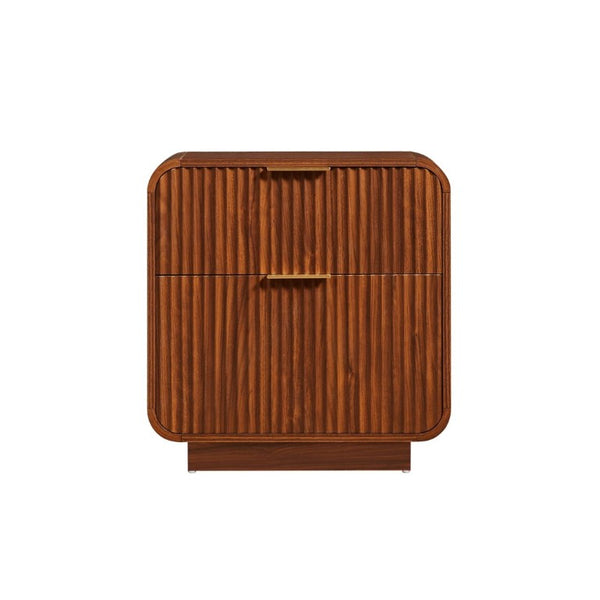 English Elm Modern Fluted Two Drawer Nightstand with Gold Pulls and Sculptural Curved Edges Walnut W5767P502995