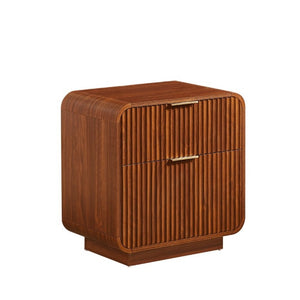 English Elm Modern Fluted Two Drawer Nightstand with Gold Pulls and Sculptural Curved Edges Walnut W5767P502995