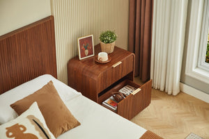 English Elm Modern Fluted Two Drawer Nightstand with Gold Pulls and Sculptural Curved Edges Walnut W5767P502995