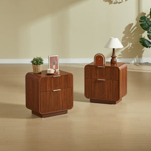 English Elm Modern Fluted Two Drawer Nightstand with Gold Pulls and Sculptural Curved Edges Walnut W5767P502995