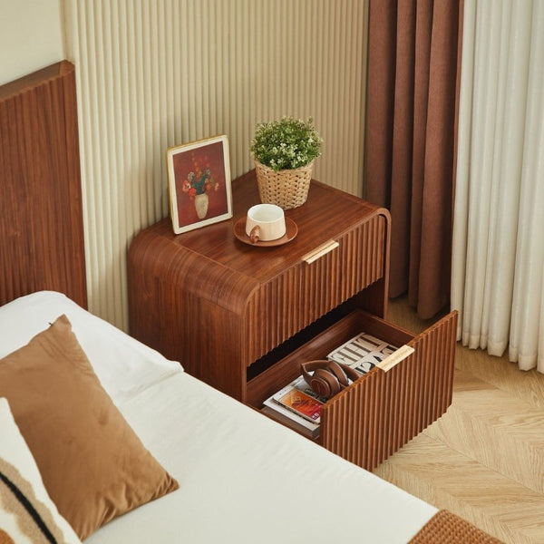 English Elm Modern Fluted Two Drawer Nightstand with Gold Pulls and Sculptural Curved Edges Walnut W5767P502995