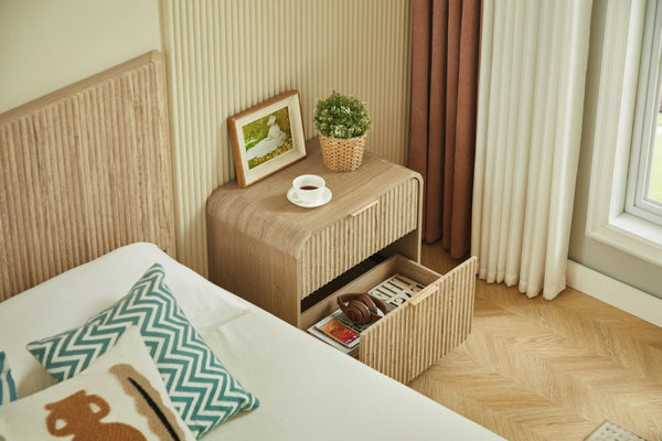 English Elm Modern Fluted Two Drawer Nightstand with Gold Pulls and Sculptural Curved Edges Natural W5767P502996