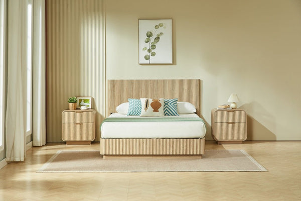 English Elm Modern Fluted Two Drawer Nightstand with Gold Pulls and Sculptural Curved Edges Natural W5767P502996