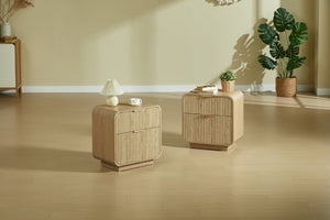 English Elm Modern Fluted Two Drawer Nightstand with Gold Pulls and Sculptural Curved Edges Natural W5767P502996