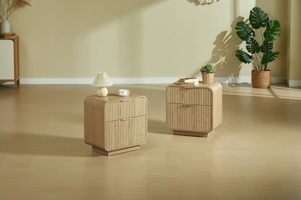 English Elm Modern Fluted Two Drawer Nightstand with Gold Pulls and Sculptural Curved Edges Natural W5767P502996
