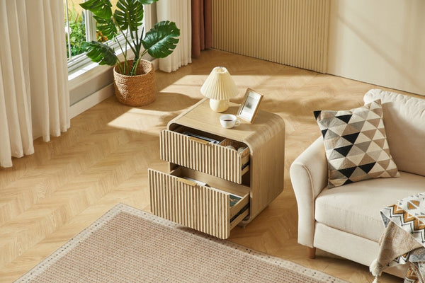 English Elm Modern Fluted Two Drawer Nightstand with Gold Pulls and Sculptural Curved Edges Natural W5767P502996