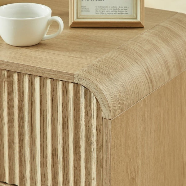 English Elm Modern Fluted Two Drawer Nightstand with Gold Pulls and Sculptural Curved Edges Natural W5767P502996