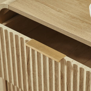 English Elm Modern Fluted Two Drawer Nightstand with Gold Pulls and Sculptural Curved Edges Natural W5767P502996