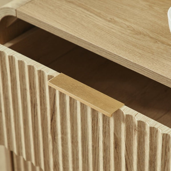 English Elm Modern Fluted Two Drawer Nightstand with Gold Pulls and Sculptural Curved Edges Natural W5767P502996
