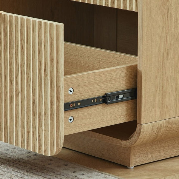 English Elm Modern Fluted Two Drawer Nightstand with Gold Pulls and Sculptural Curved Edges Natural W5767P502996