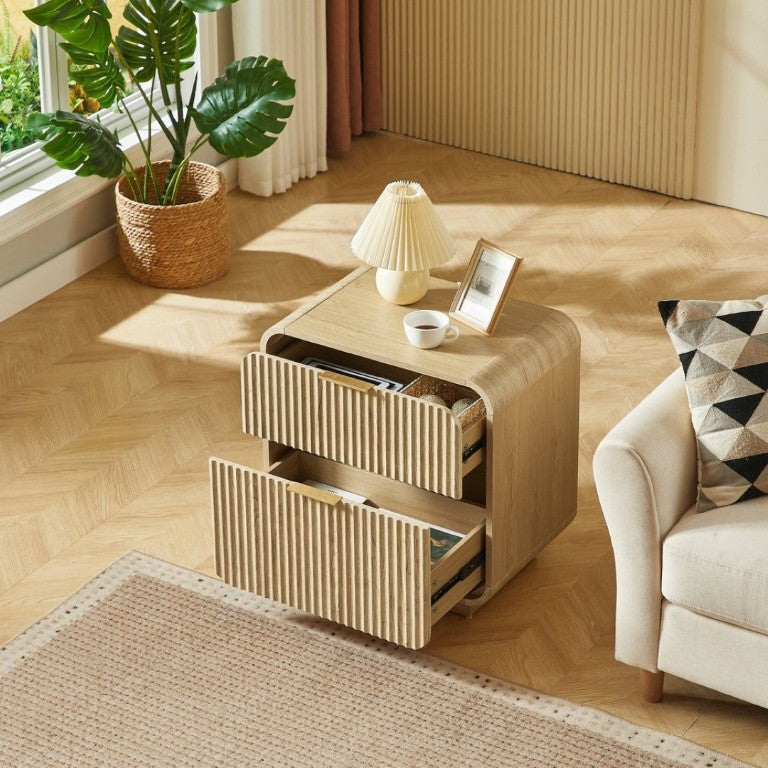 English Elm Modern Fluted Two Drawer Nightstand with Gold Pulls and Sculptural Curved Edges Natural W5767P502996