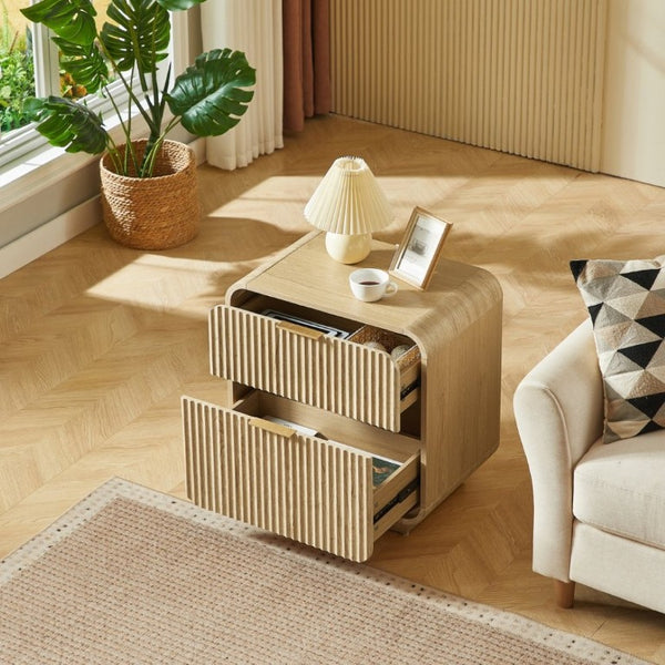 English Elm Modern Fluted Two Drawer Nightstand with Gold Pulls and Sculptural Curved Edges Natural W5767P502996