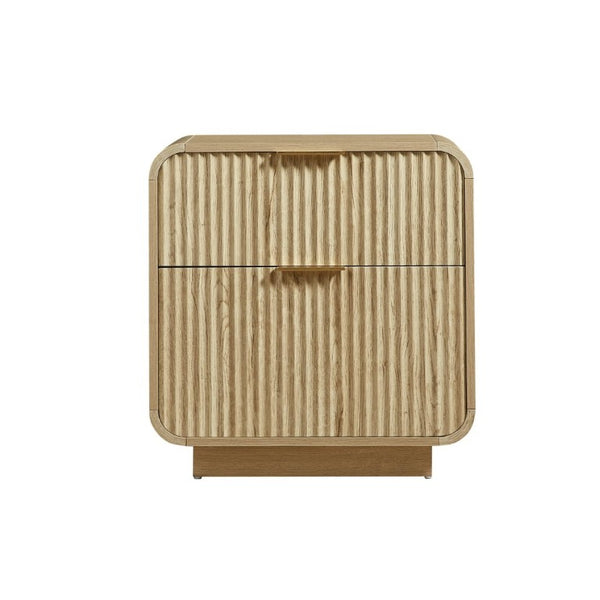 English Elm Modern Fluted Two Drawer Nightstand with Gold Pulls and Sculptural Curved Edges Natural W5767P502996