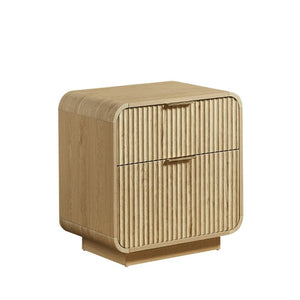 English Elm Modern Fluted Two Drawer Nightstand with Gold Pulls and Sculptural Curved Edges Natural W5767P502996