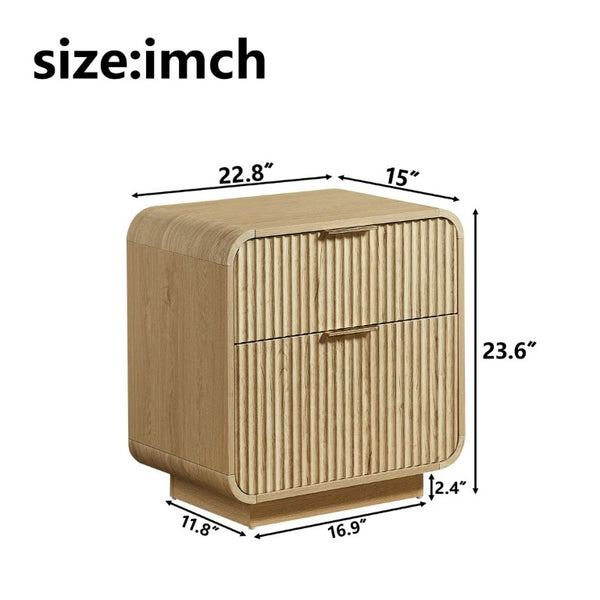 English Elm Modern Fluted Two Drawer Nightstand with Gold Pulls and Sculptural Curved Edges Natural W5767P502996