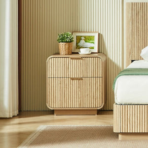 English Elm Modern Fluted Two Drawer Nightstand with Gold Pulls and Sculptural Curved Edges Natural W5767P502996