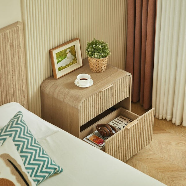 English Elm Modern Fluted Two Drawer Nightstand with Gold Pulls and Sculptural Curved Edges Natural W5767P502996
