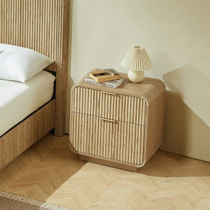 English Elm Modern Fluted Two Drawer Nightstand with Gold Pulls and Sculptural Curved Edges Natural W5767P502996