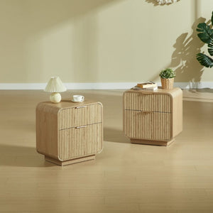 English Elm Modern Fluted Two Drawer Nightstand with Gold Pulls and Sculptural Curved Edges Natural W5767P502996