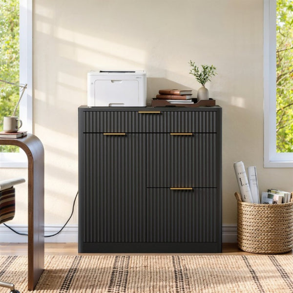 English Elm Freestanding File Cabinet with Charging Station Fluted Design and Adjustable Shelving Black W5767P504628