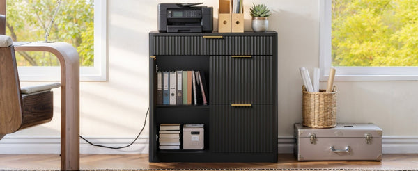 English Elm Freestanding File Cabinet with Charging Station Fluted Design and Adjustable Shelving Black W5767P504628