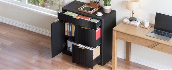 English Elm Freestanding File Cabinet with Charging Station Fluted Design and Adjustable Shelving Black W5767P504628