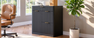 English Elm Freestanding File Cabinet with Charging Station Fluted Design and Adjustable Shelving Black W5767P504628