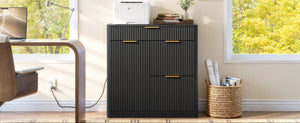 English Elm Freestanding File Cabinet with Charging Station Fluted Design and Adjustable Shelving Black W5767P504628