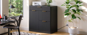 English Elm Freestanding File Cabinet with Charging Station Fluted Design and Adjustable Shelving Black W5767P504628