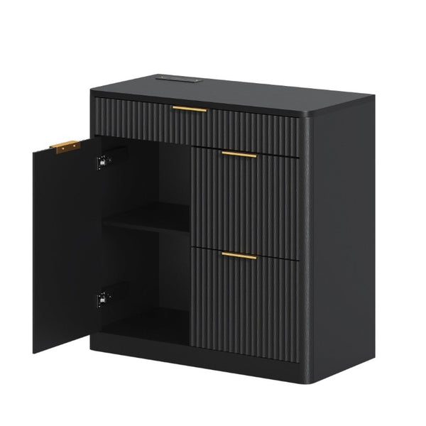 English Elm Freestanding File Cabinet with Charging Station Fluted Design and Adjustable Shelving Black W5767P504628