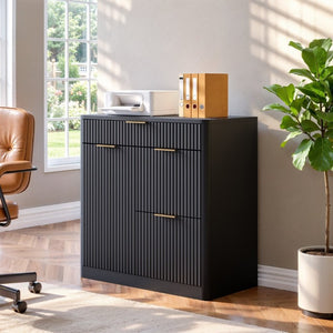 English Elm Freestanding File Cabinet with Charging Station Fluted Design and Adjustable Shelving Black W5767P504628