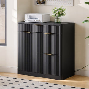 English Elm Freestanding File Cabinet with Charging Station Fluted Design and Adjustable Shelving Black W5767P504628