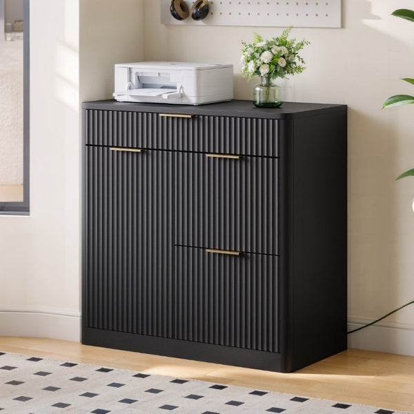 English Elm Freestanding File Cabinet with Charging Station Fluted Design and Adjustable Shelving Black W5767P504628