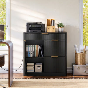 English Elm Freestanding File Cabinet with Charging Station Fluted Design and Adjustable Shelving Black W5767P504628