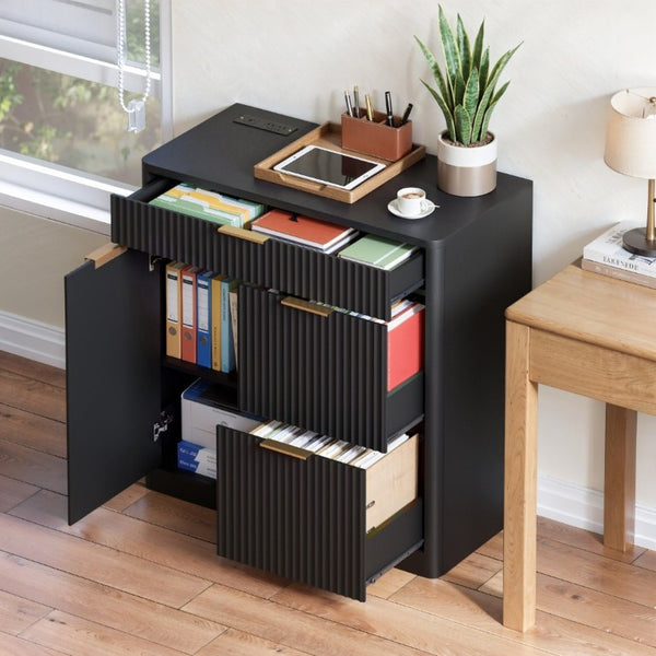 English Elm Freestanding File Cabinet with Charging Station Fluted Design and Adjustable Shelving Black W5767P504628