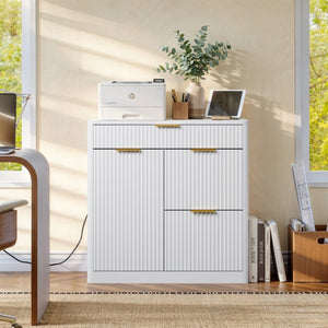 English Elm Freestanding File Cabinet with Charging Station Fluted Design and Adjustable Shelving White W5767P504629