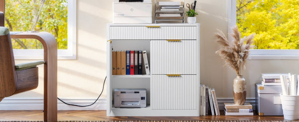 English Elm Freestanding File Cabinet with Charging Station Fluted Design and Adjustable Shelving White W5767P504629