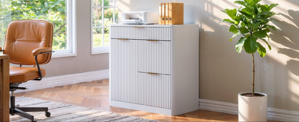 English Elm Freestanding File Cabinet with Charging Station Fluted Design and Adjustable Shelving White W5767P504629
