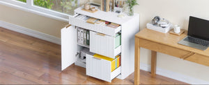 English Elm Freestanding File Cabinet with Charging Station Fluted Design and Adjustable Shelving White W5767P504629