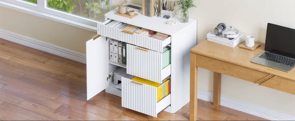 English Elm Freestanding File Cabinet with Charging Station Fluted Design and Adjustable Shelving White W5767P504629